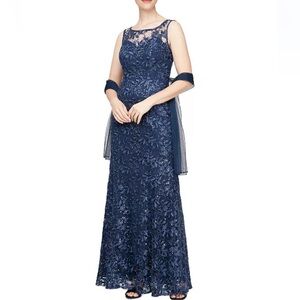 Alex Evenings Women’s Embroidered Lace Gown Navy Blue Dress Size: 8